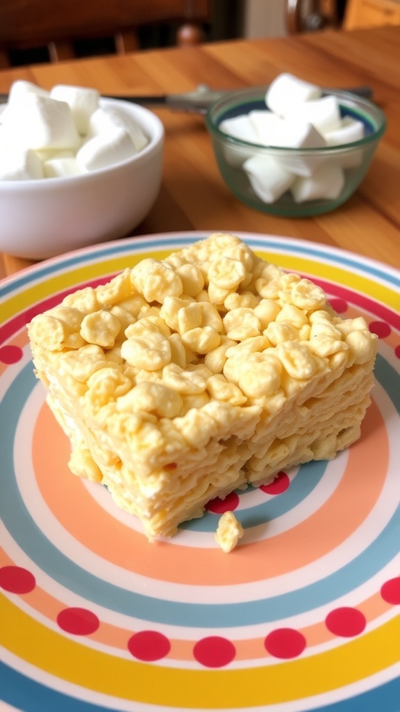 Two squares of Rice Crispy Treats on a colorful plate in a kitchen setting.